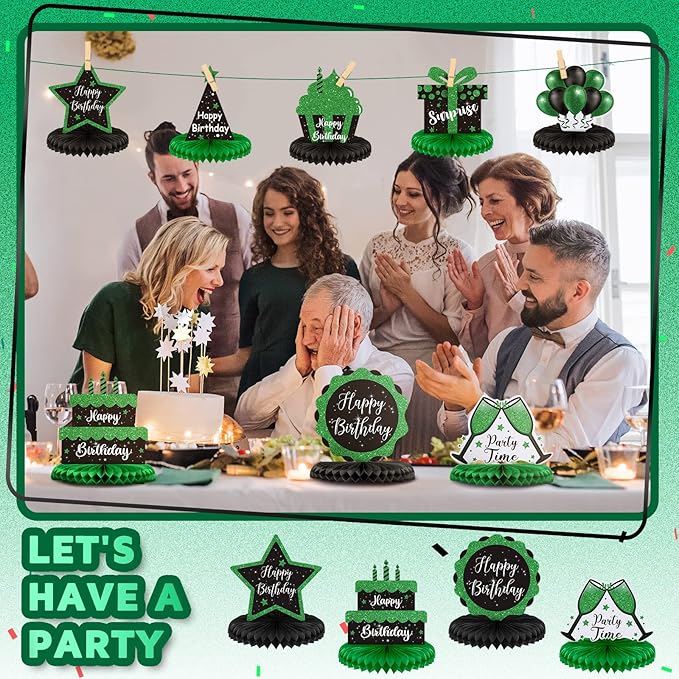 Yexiya 8 Pcs Black and Green Birthday Centerpiece Table Decoration, Happy Birthday Honeycomb Centerpieces Honeycomb Table Toppers for Men Women Party Supplies