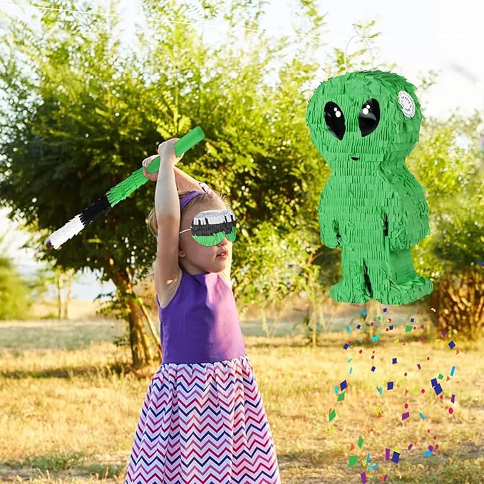 Alien Pinata with Stick and Blindfold Green Space Alien Birthday Party Decorations for Kids Boys Outer Space Theme Party Supplies