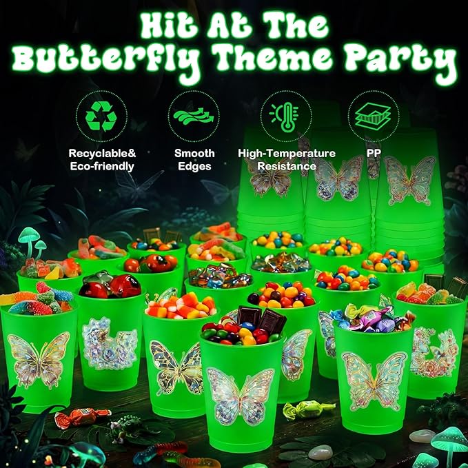 24 Pcs Butterfly Pattern Cups Glow in the Dark Cups 12 oz Plastic Frosted Cup with Lid and Straw Reusable Bulk Green Tumbler for Summer Birthday Party Decoration Baby Shower Party Supplies
