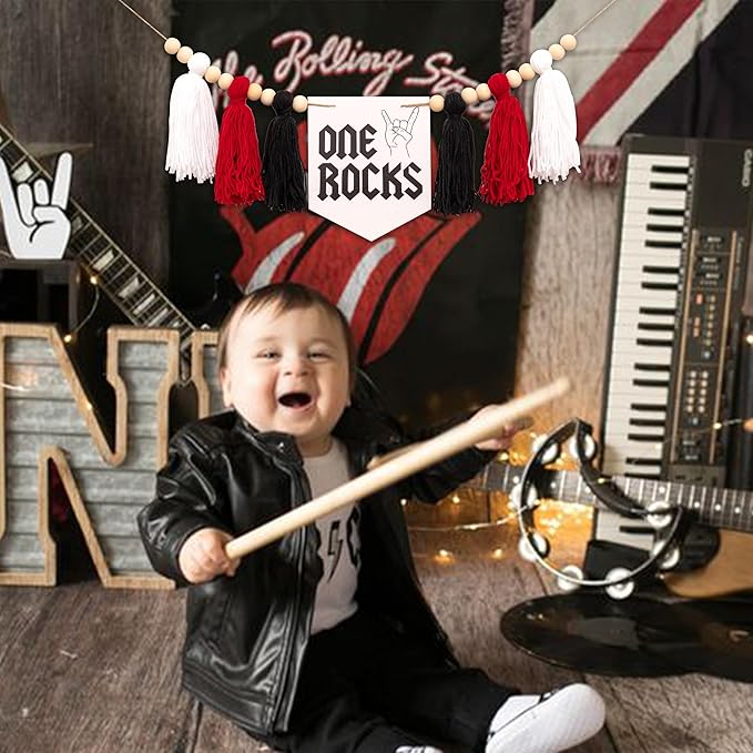 Gostman One Rocks High Chair Banner - Rock And Roll 1st Birthday Party Decorations,Black First Birthday Party Supplies (one rocks banner)