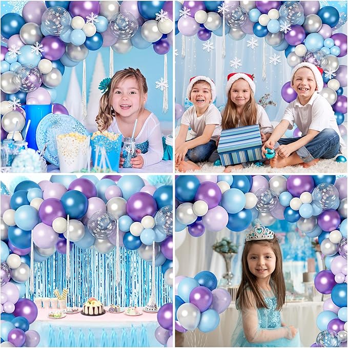 167Pcs Frozenn Balloons Arch Garland Kit, Froozen Birthday Party Decorations Supplies Fringe Curtain Blue Purple Snowflake Balloon for Winter Wonderland Princess Girl Decor