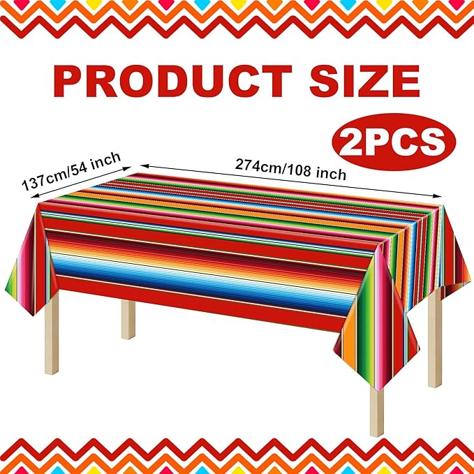 2 PCS Mexican Fiesta Plastic Tablecloth 108 x 54 Inch Mexican Striped Disposable Table Covers Waterproof Cinco De Mayo Rectangle Party Table Cloth for Fiesta Taco Mexico Themed Birthday Party Supplies