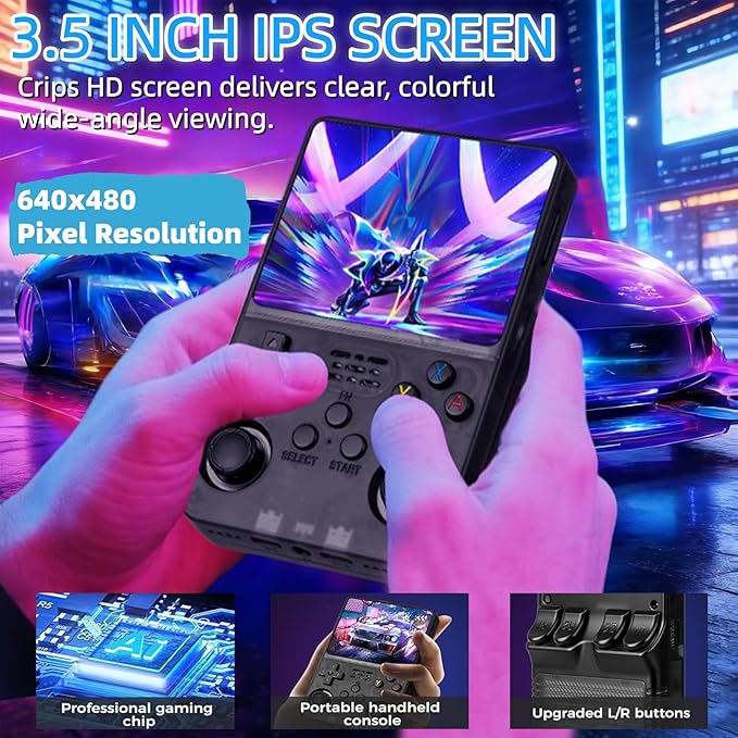 R36S Retro Handheld Game Console, 3.5 Inch 604x480 IPS Screen, 64GB Built-in 15,000+ Classic Game, Portable Hand Held 3500mAh Battery Retro Gaming Console with Open Source Linux System (Black 64GB)