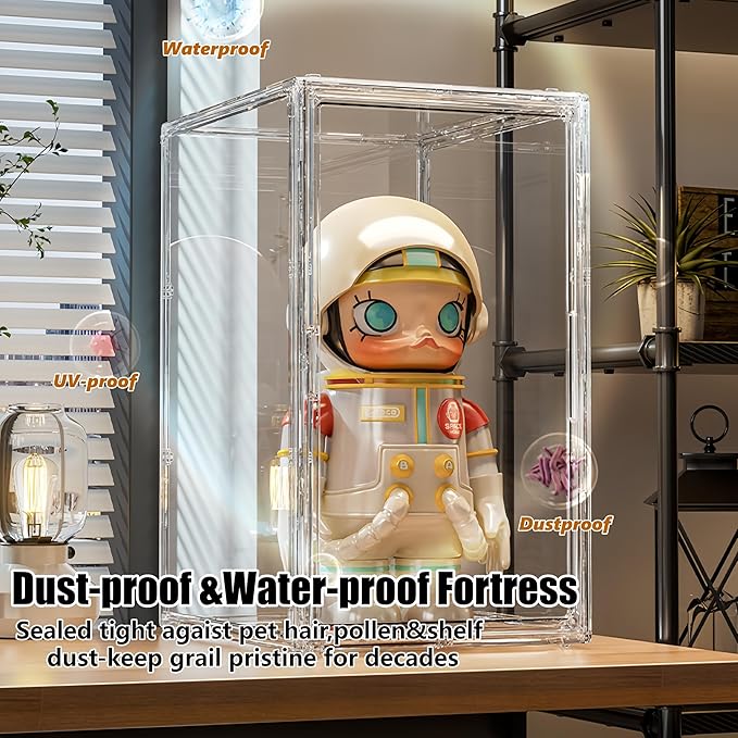 Versatile Wide Acrylic Display Cabinet - w/ 1 Adjustable Shelf for Multi-Level Display of Statues & Figures, Magnetic Door Collector's Showcase (Extra Large with one Block(14.17*14.17*23.6in))