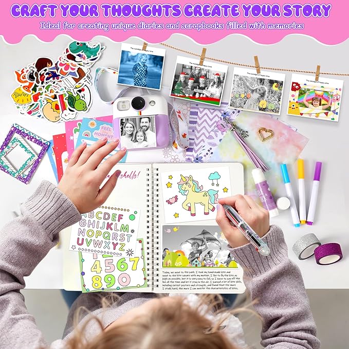 Photomaker Kit Kids 1080P Instant Print Camera for Kid 93 Pcs DIY Journal Kit for Girls Kids Camera Instant Print with 3 Roller Photo Paper Ideas Birthday Gifts and Toys for Girls Boys Age 6-14 Purple