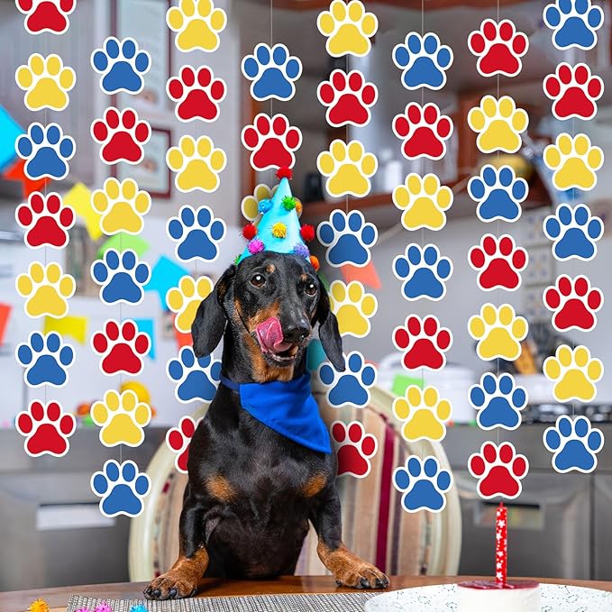 Duraaamo 8 Packs Dog Party Banner Decorations red Blue Paw Print Paper Garland Dog Birthday Paper Hanging Cutouts Colorful Paw Banners for Lets Pawty Pet Birthday Party Supplies Decor (Bright Paws)