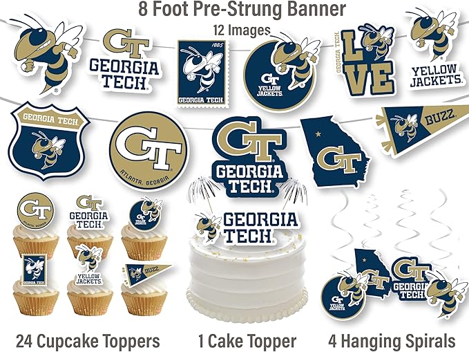 Georgia Tech Party Supplies for GT Football, Birthday Gift, Graduation Party Banner and Cake Toppers (42 Pieces) (Georgia Tech Yellow Jackets)