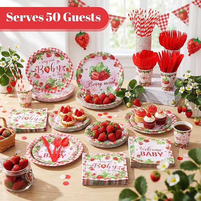 450 Pcs Strawberry Baby Shower Tableware Set Decorations A Berry Sweet Baby Paper Plates Napkins Cups Cutlery Straws for Berry Gender Reveal Birthday Party Supplies, Serves 50