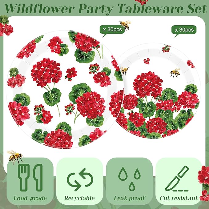 60 Pcs Spring Geranium Paper Plates 9 in and 7 in Red Floral Disposable Party Plates Summer Bee Flower Paper Dinner Dessert Tableware for Wedding Baby Shower Party Table Decor Supplies