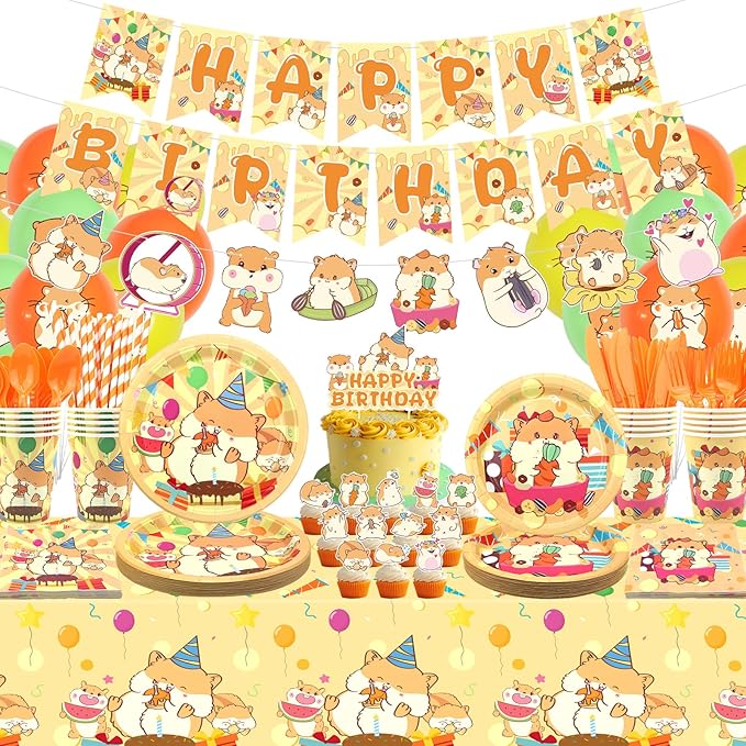 Hamster Birthday Party Decorations - Hamster Party Supplies including Banner, Plate, Cake Topper, Cup, Napkin, Balloon, Tablecloth for Hamster Party Decoration - Serves 20