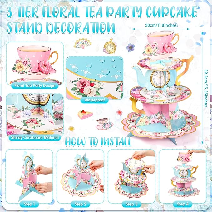 106 Pcs Tea Party Supplies for 12 Guests Include Plates Tea Cups Saucers Napkins Cupcake Stand Tablecloth Banners Floral Tea Party Tableware Set for Girls Birthday Baby Shower Party Favors