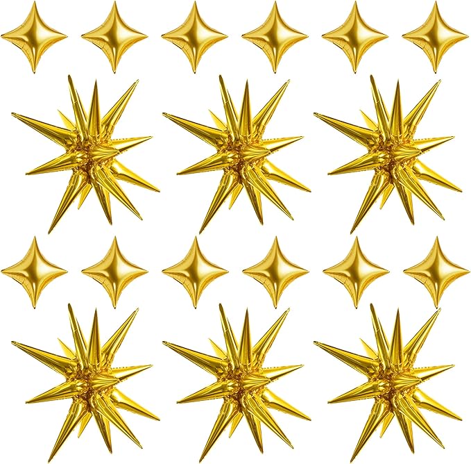 TONIFUL 18Pcs 22Inch Gold Large Explosion Star Mylar Balloons and 10Inch Four Pointed Star Balloons Set for Christmas New Year Birthday Wedding Bridal Shower Anniversary Photo Booth Supplies