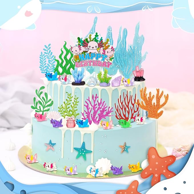 42 Pcs Axolotl Cake Topper Accessories Include 1 Happy Birthday Cake Topper 8 Artificial Seagrass 33 Axolotl Miniature Figures Ocean Decorations for Baby Shower Birthday Party Supplies