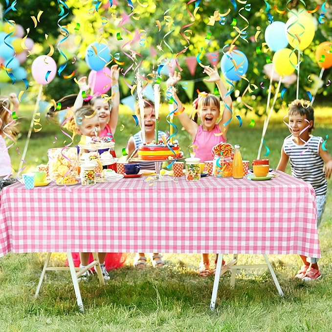 Kochorie 54 Inch x 300 Ft Light Pink Checkered Plastic Table Cloth Roll Disposable Waterproof Table Cover Plastic Table Cover Roll with Easy Slide Cutter for Outdoor Picnic/Home Dining/Spring Party