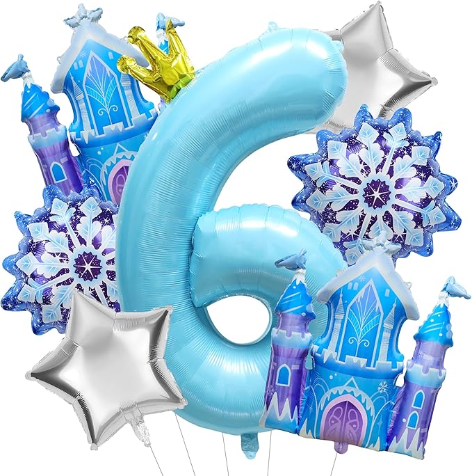 7Pcs 6th Birthday Party Decorations Balloons,Winter Snowflake Balloons Large Blue 40 Inch Number 6 Balloon Foil Star Castle Ballon for Birthday Party Favor Decor Supplies Winter Wonderland Decoration