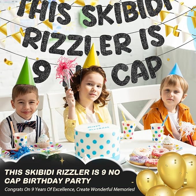 Fulmoon Pre Strung This Skibidi Rizzler Is 9 No Cap Glitter Banner 9th Birthday Party Decorations, Funny Birthday Sign, Party Supplies, Ideas, Gifts, Black