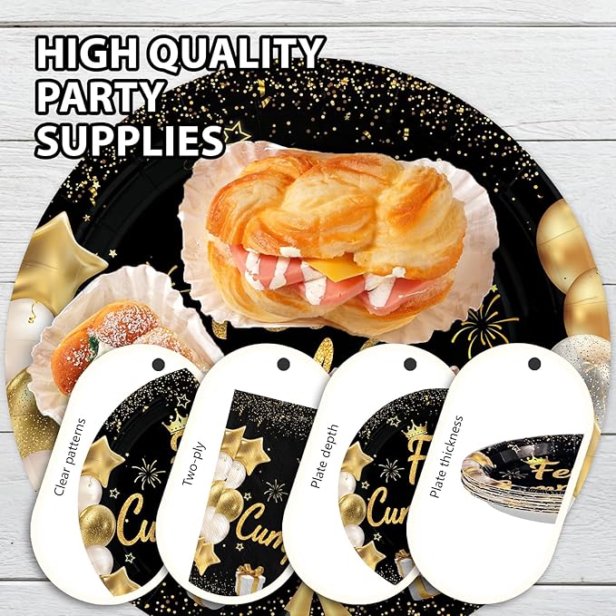 96Pcs Feliz Cumpleaños Decoration Black and Gold Plates and Napkins Mexican Fiesta Happy Birthday Tableware Set for Men Women Spanish Black and Gold Birthday Party Supplies, Serves 24