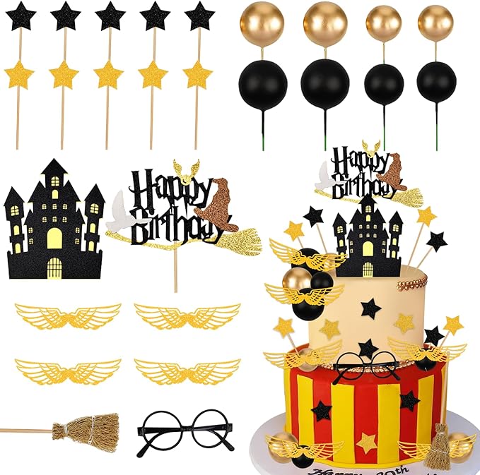Wizard Cake Topper 26PCS Magical Wizard Themed Cake Decoration Black and Gold Ball Cupcake Cake Picks with Glasses Tie Wings Stars for Halloween Birthday Magical School Party Supplies