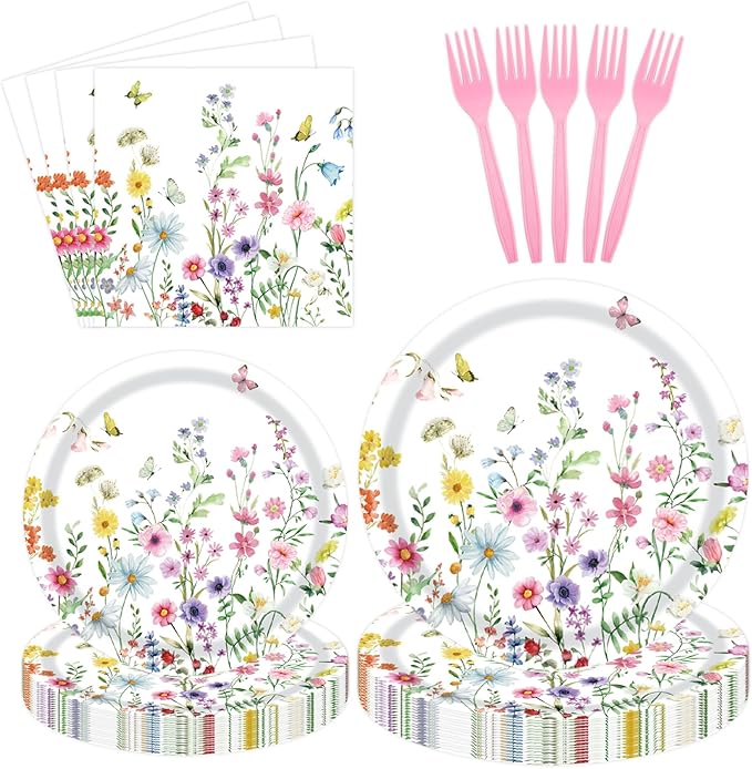96 Pcs Wildflower Paper Plates and Napkins Party Supplies, Floral Party Plates Napkins Forks Disposable Tableware Set for Picnic Wedding Birthday Baby Shower Tea Party Decorations Serves 24