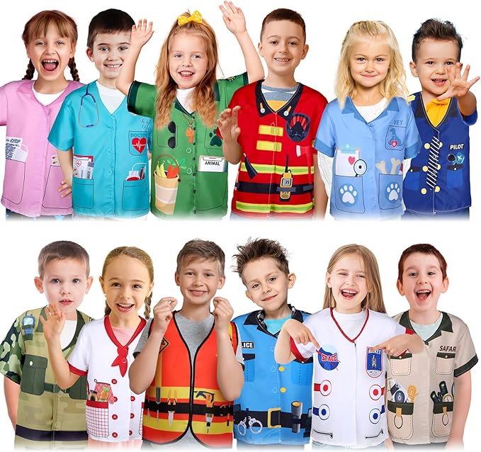 Jiuguva 12 Pcs Kids Role Play Costume Dress up Clothes for Kids Community Helper Career Cosplay Doctor Construction Workers Fireman Police Halloween Costumes for Career Day Pretend Play