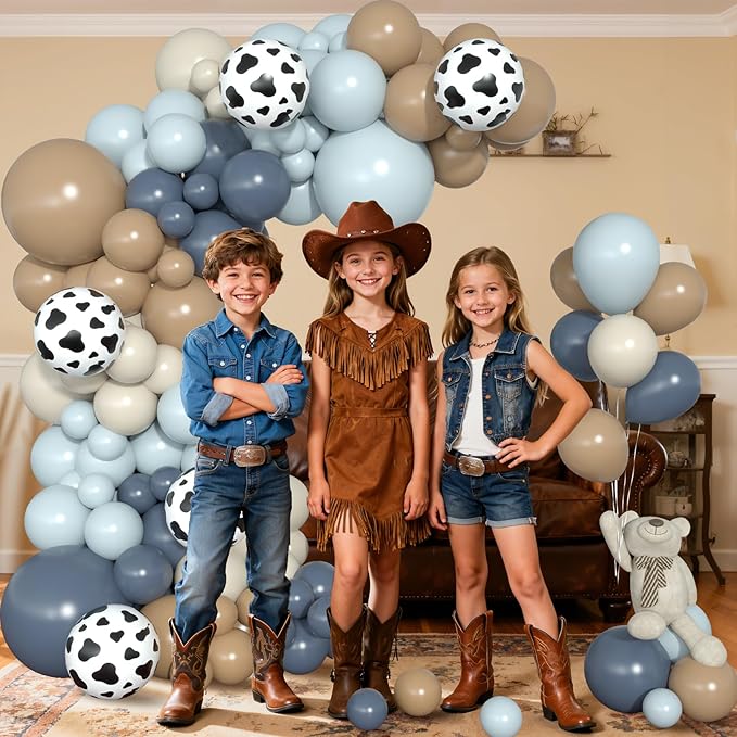 Amandir 153pcs Cowboy Balloon Arch Garland Kit, Different Sizes 18 12 10 5inch Dusty Blue Brown Sand White Cow Print Balloons for Cowboy Shower Rodeo Farm Western Theme Birthday Party Decoration