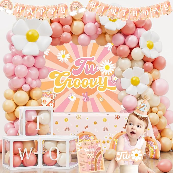 Two Groovy Party Decorations, Two Groovy Birthday Party Supplies, Daisy Groovy 2nd Birthday Décor, Daisy Boho Rainbow Second Bday Decor for Baby Girl