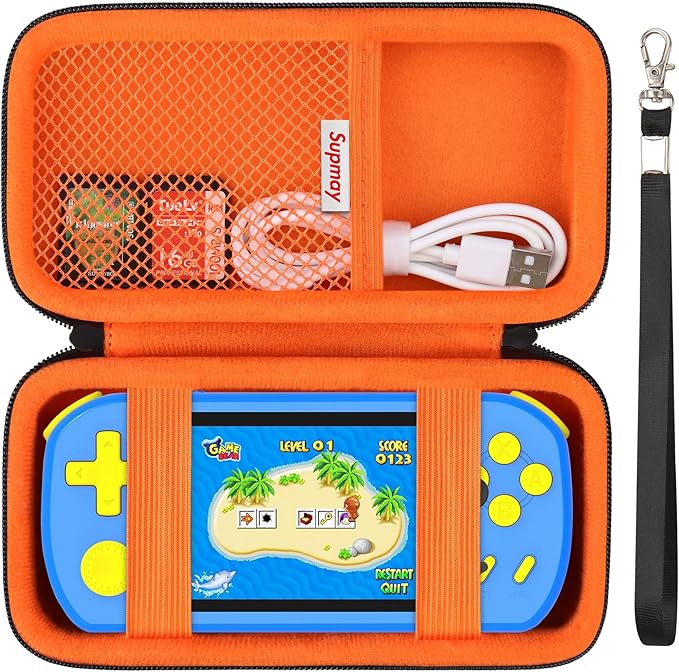 Supmay Carrying Case Compatible with CCTU / TEBIYOU Kids Handheld Games Preloaded 218 Retro Video Games, Portable Gaming Electronic Toys Storage Holder Travel Bag with Mesh Pocket for USB Cable,Orange