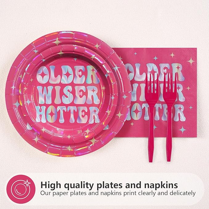 96Pcs Older Wiser Hotter Party Supplies Hot Pink Theme Plates and Napkins Happy Birthday Tableware Set for Women Rose Red Birthday Retirement Party Decorations Serves 24