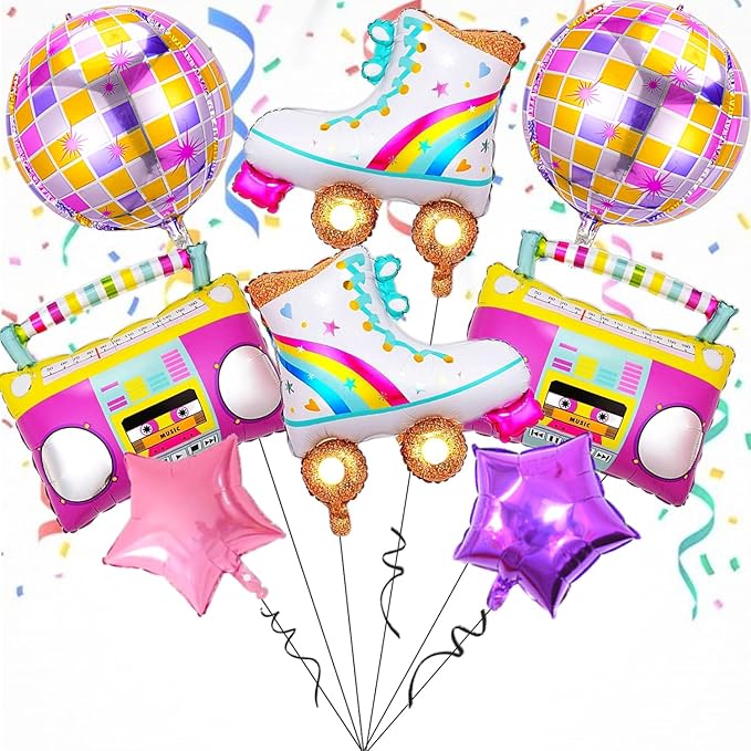 8 PCS Disco Balloons Radio Boombox Roller Skate Balloons for 80s 90s Theme Party Retro Disco Party Supplies Roller Dkate Party Decorations Retro Theme Hip Hop Birthday Party