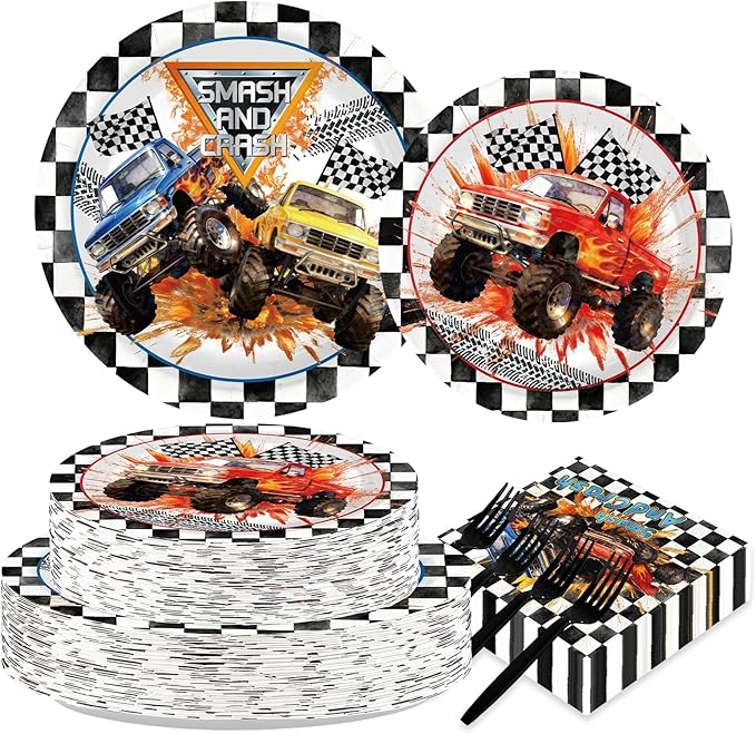 200Pcs Truck Party Decorations Red Blue Yellow Truck Theme Plates and Napkins Car Racing Theme Tableware Set for Boys Kids Birthday Baby Shower Racing Car Party Supplies Serves 50