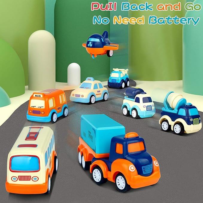 9 Pack Cars Toys for 2 3 4 5 Years Old Toddlers Boys and Girls Gift, Big Transport Truck with 8 Small Cute Pull Back Trucks, Colorful Assorted Vehicles Playset, Carrier Truck with Sound and Light