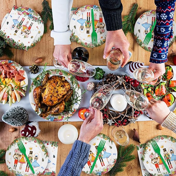 96 Pieces Christmas Ballet Party Tableware Set – Festive Disposable Dinnerware with Paper Plates, Napkins, and Plastic Forks – Winter Fairy Tale Theme for Christmas Birthdays Parties – Serves 24