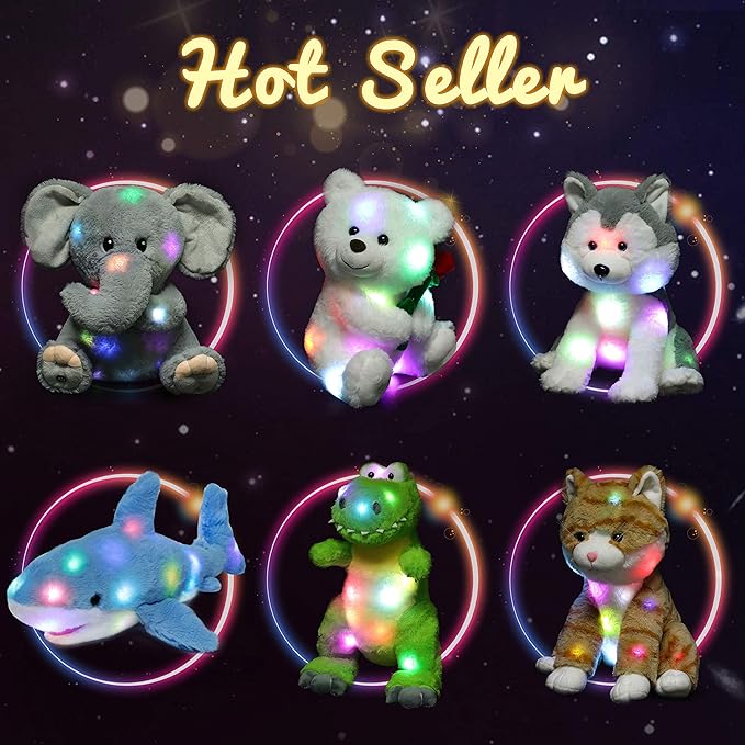 Hopearl LED Plush Elephant Lighting Up Stuffed Animal Floppy Night Lights Glow in The Dark Birthday Festival for Kids Toddler Girls, Gray, 11''