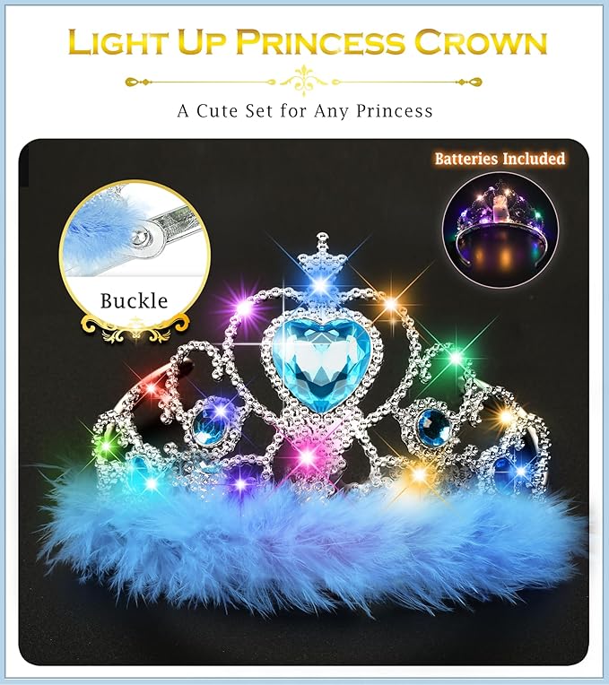 Princess Crown Tiara for Little Girls Princess Dress Up Accessories, Light Up Tiara Wand Toy Gifts for 3-6 Girl