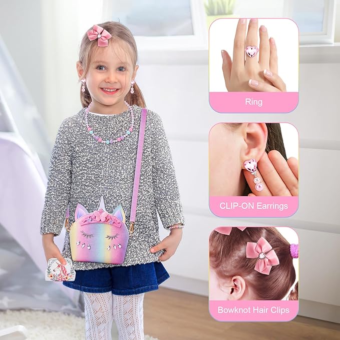 JYPS 7PCS Toddler Purse for Girl, Girls Wallet with Pretend Play Toys, Princess Toys with Kids Dress Up Jewelry Set (Rainbow Crown Unicorn)