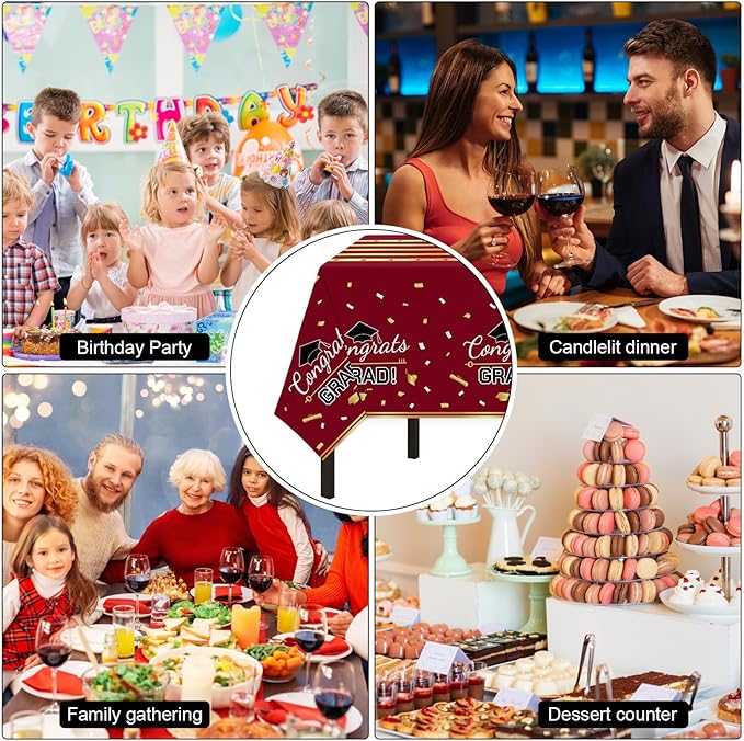 Childom 3 Pack Graduation Tablecloth,Graduation Decorations Class of 2026 Graduation Party Decorations,54"x108"Wine Red and Gold Plastic Table Cloth Disposable Rectangle for Home,School Party Supplies
