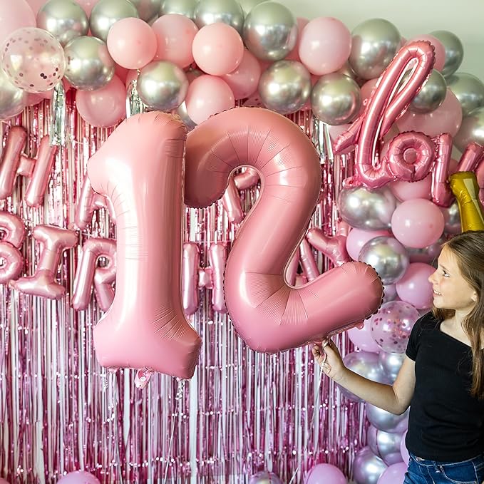 Pink Happy Birthday Balloon Set for Girls - 89 Pc Party Decorations for Women with 0-19 Number Balloons, Crown, Lipstick and Champagne Bottle Shapes, Confetti, Backdrop, Arch Kit, Assembly Supplies