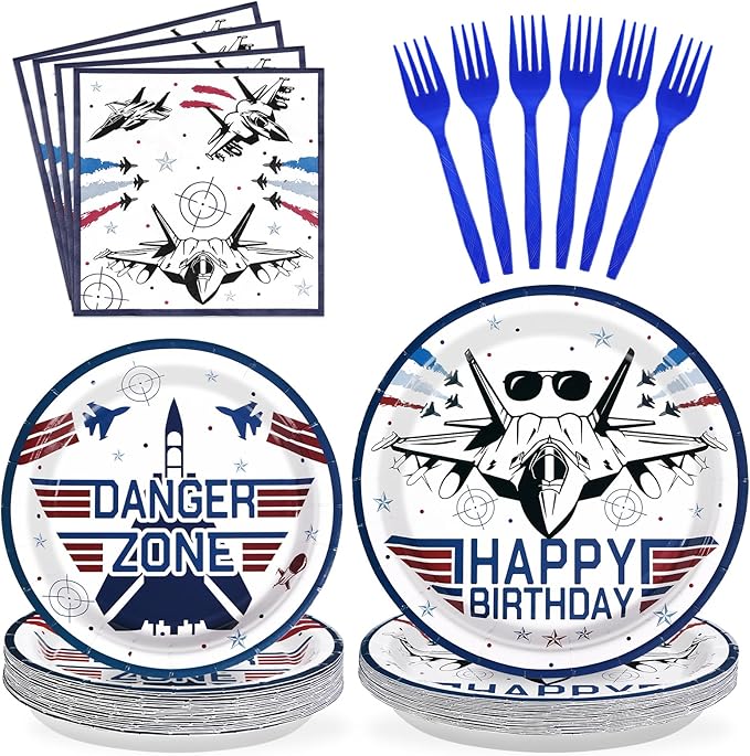 96 Pcs Fighter Jet Pilot Birthday Decorations Military Jet Plates and Napkins Top Air Force Gun Tableware Set Airplane Birthday Party Decorations for Pilot Aviation Aircraft Party Supplies Serves 24