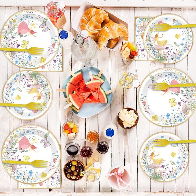 96 Pcs Fairy Plates and Napkins Party Supplies Talking Truly Fairy Tableware Set Tea Luncheon Party Decorations Favors for Girls Kids Birthday Baby Shower Serves 24