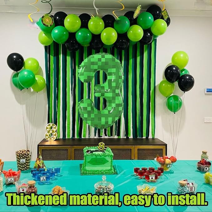 40 Inch Green Pixel Miner Theme Number Balloons Large Birthday Party Number Balloons Mining Gaming for Kids Birthday Party Decoration Supplies (Number 3)