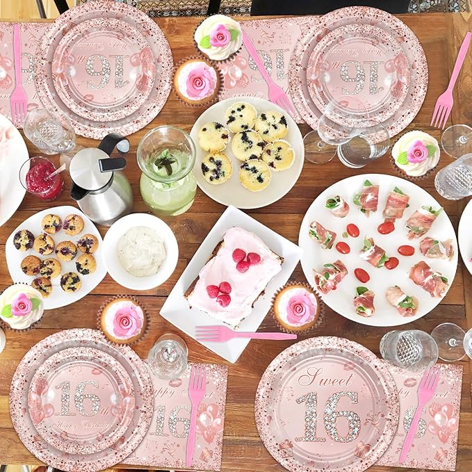 Avezano 96 Pcs Rose Gold Sweet 16 Birthday Party Paper Plates and Napkins Girls Sweet 16 Decorations Sweet Sixteen Birthday Party Disposable Paper Tableware Serve 24