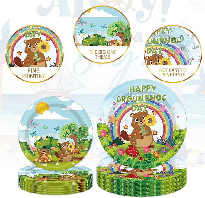 96Pcs Groundhog Day Decorations Tableware Set Happy Groundhog Day Paper Plates Napkins Forks Spring Animals February 2nd Ground hog Holiday Celebration Decor Party Supplies Serve 24 Guests