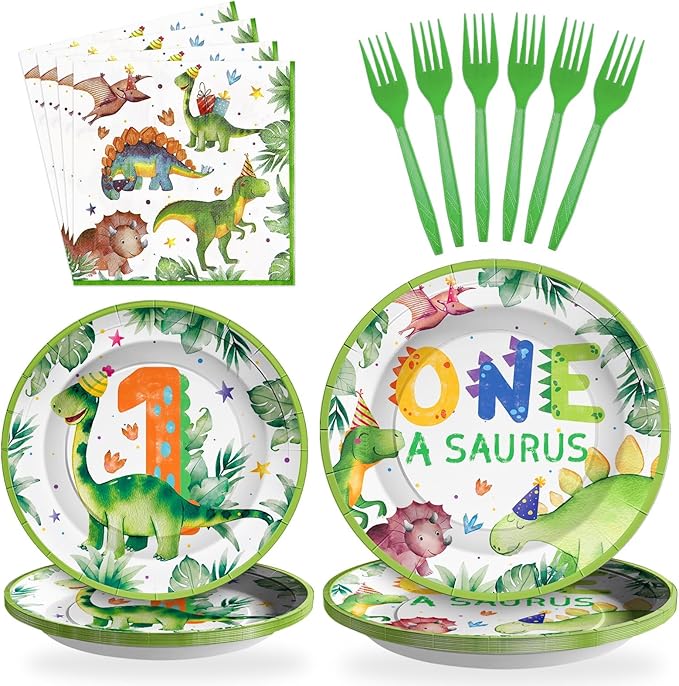 96Pcs Dinosaur 1st Birthday Decorations Cartoon Dinosaurs Plates and Napkins Tableware Sets Watercolor Dinosaur Party Decorations for One Year Old Boys Birthday Baby Shower Supplies Serves 24