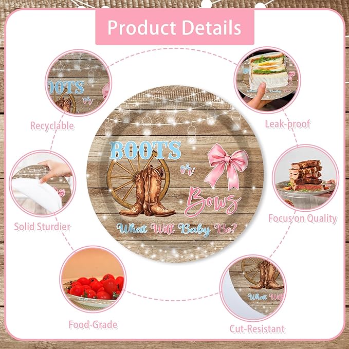 MEHOFOND Boots Or Bows Gender Reveal Decorations, Pink or Blue Party Supplies Rustic Wood Disposable Tableware Set 169Pcs Plates Napkins Plastic Tablecloth for Western Cowgirl Gender Reveal