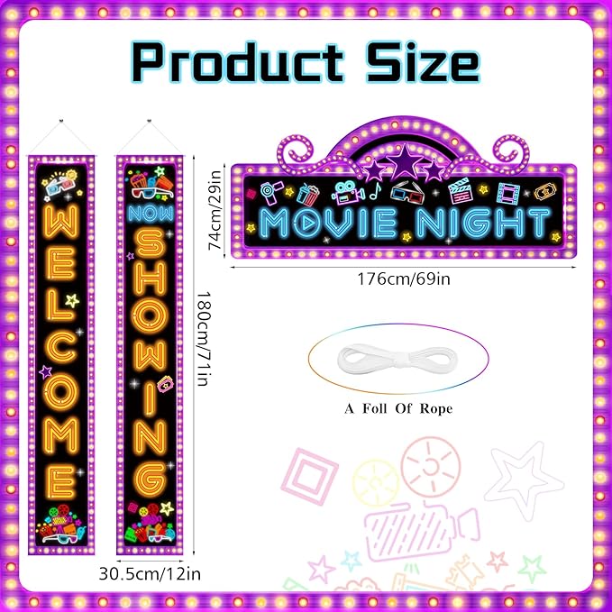 3Pcs Movie Night Porch Banner Decorations Neon Movie Theme Party Hanging Banner Welcome Now Showing Sign Door Decor Camera Action Porch Sign for Theater Film Photography Background Party Supplies