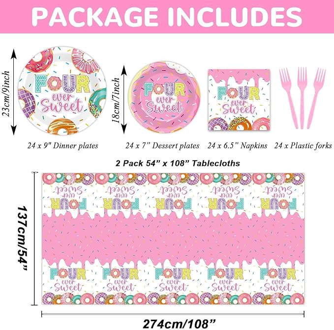 98 Pieces Four Sweet Donut Birthday Party Supplies for 24 Guests Girls Donut Tableware Set Baby Girl 4th Birthday Donut Plates and Napkins Tablecloth Party Decorations Dinnerware Party Favors