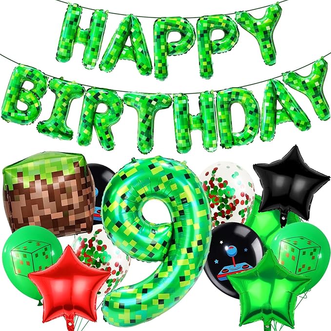 40in Pixel Number 9 Balloon Birthday Decorations, Miner Theme Foil Balloons banner Blast Gaming Party Supplies