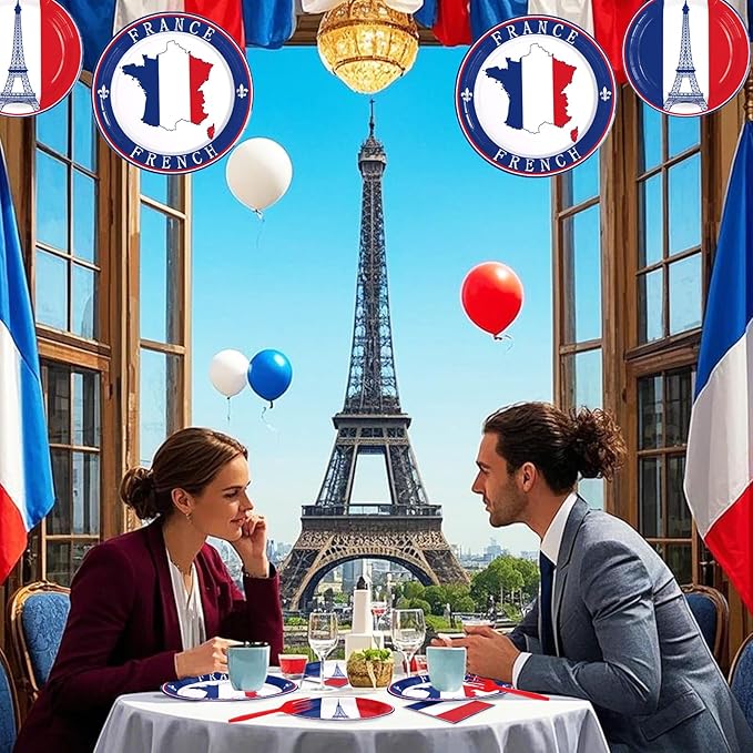96Pcs France French Flag Party Supplies French Flag Party Plates and Napkins Disposable France Flag Tableware Set for French Party Decor Paris Theme Party Decorations Birthday Family Gathering Serve24