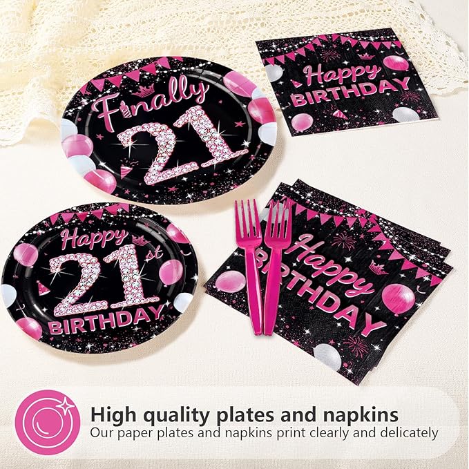 96Pcs 21st Birthday Party Supplies Black and Hot Pink Plates Forks and Napkins Diamond Finally 21 Disposable Paper Tableware Set for Girls 21 Year Old Birthday Party Supplies Serves 24