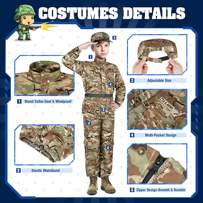 GIFTINBOX Army Costume for Kids,Soldier Halloween Costumes Boys Kids,13PCS Military Dress Up Role Play Set with Accessories,Deluxe Birthday Gift Kids Size L,Green Camo,Large (8-10yrs)